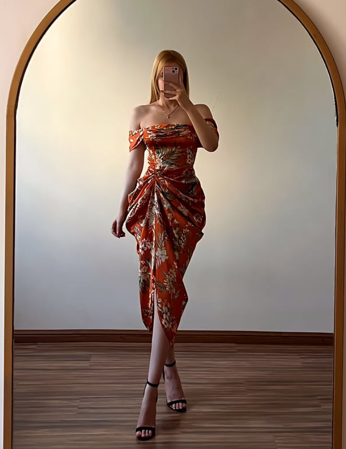 Vintage Sheath Off the Shoulder Orange Print Satin Prom Dress Evening Dress SH6964