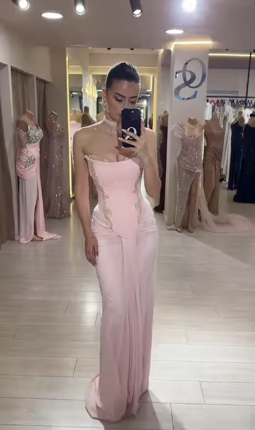 Light Pink Sheath Strapless Lace Chiffon Prom Dress SH4793