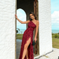 Elegant Mermaid One Shoulder Burgundy Lace Long Prom Dress with Slit SH431