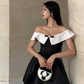 Stunning A Line Off the Shoulder White Black Satin Short Homecoming Dress Birthday Dress SH3026