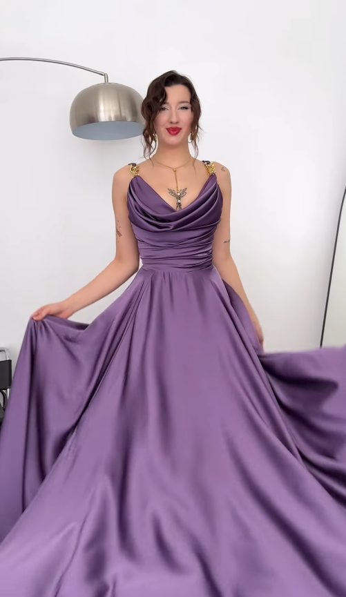 Purple A Line Straps Pleated Satin Long Prom Dress Party Dress SH4843