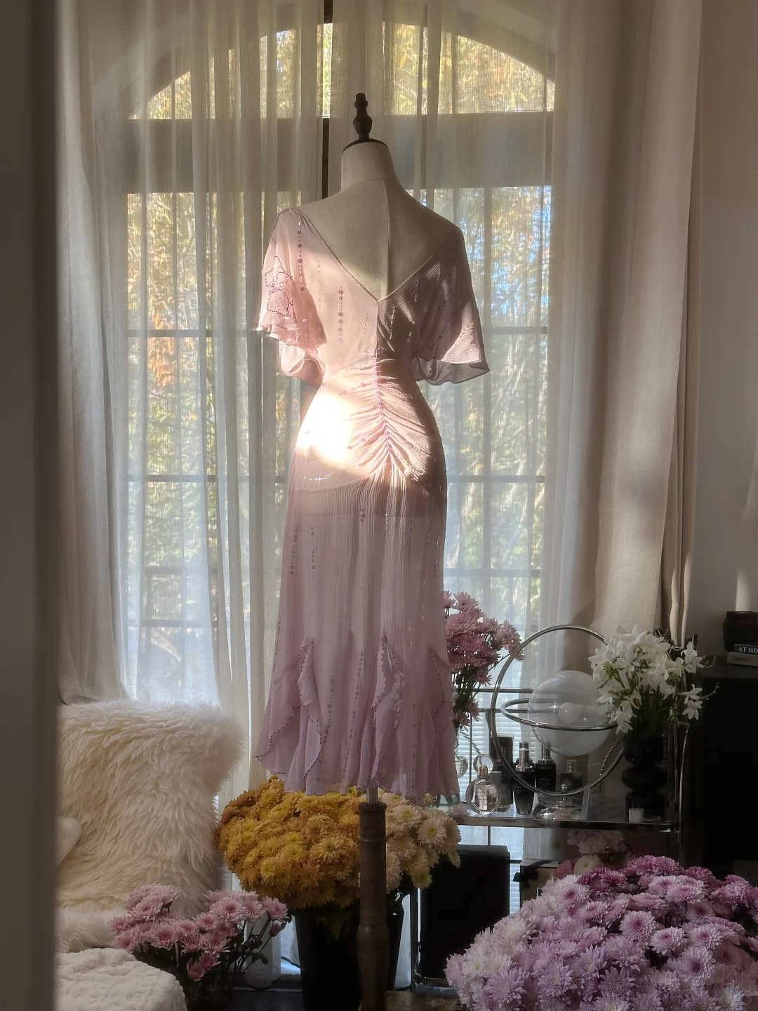 Gentle A Line V Neck Sequin Light Purple Chiffon Party Dress Wedding Guest Dress SH2963