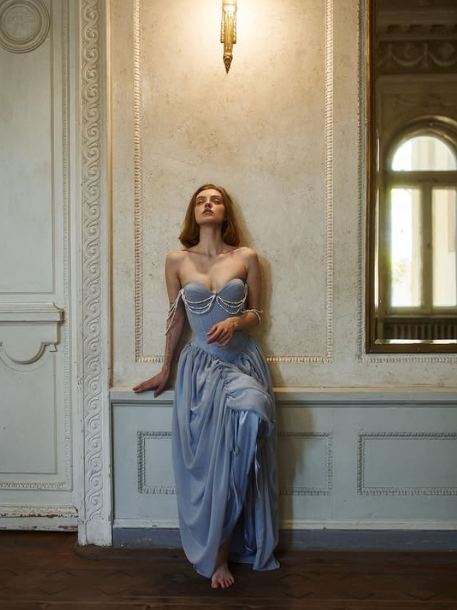 Ethereal Blue A Line Long Sleeve Beaded Chiffon Long Prom Dress Evening Dress SH6688