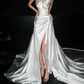 Cute A Line Sweetheart Neck Bow White Satin Slit Wedding Dress SH5867