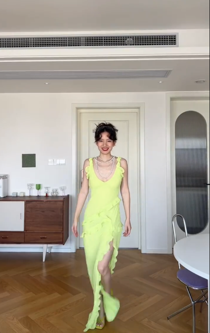 Green Sheath Straps Ruffle Chiffon Long Prom Dress SH4577