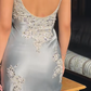 Vintage Sheath Spaghetti Strap Lace Baby Blue Satin Party Dress Evening Dress with Slit SH3346