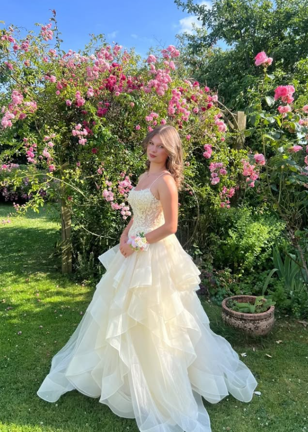 Ivory A Line Spaghetti Strap Lace Ruffle Tulle Prom Dress Birthday Dress SH9007