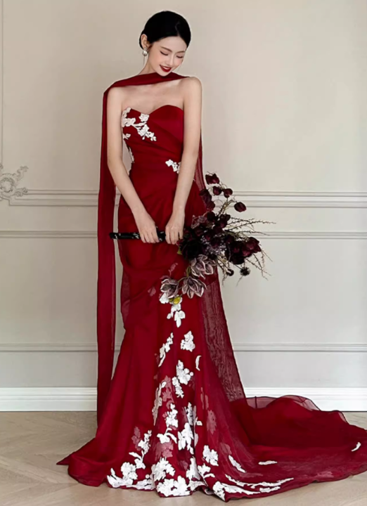 Burgundy Mermaid Sweetheart Neck White Applique Tulle Prom Dress Party Dress SH4077