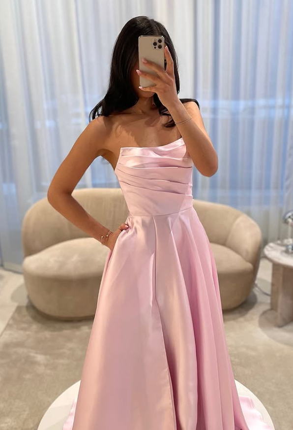 Gentle Pink A Line Strapless Satin Long Prom Dress Party Evening Dress SH5703