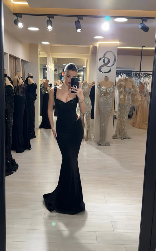 Sexy Mermaid Spaghetti Straps Beaded Satin Long Prom Dress Evening Dress SH4796