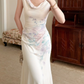 Gentle Mermaid Print Flower Ivory Chiffon Long Prom Dress Evening Dress SH6049