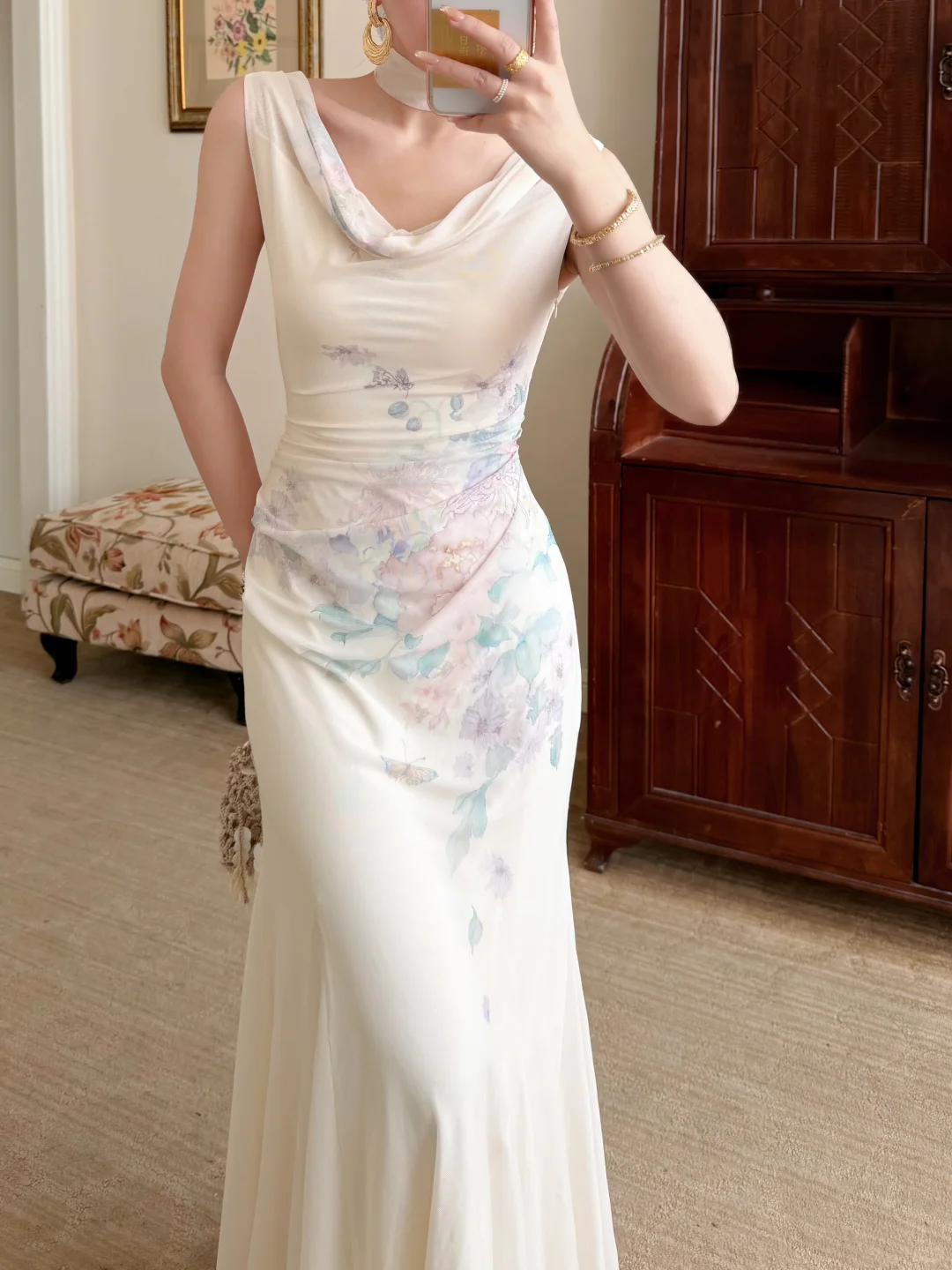 Gentle Mermaid Print Flower Ivory Chiffon Long Prom Dress Evening Dress SH6049