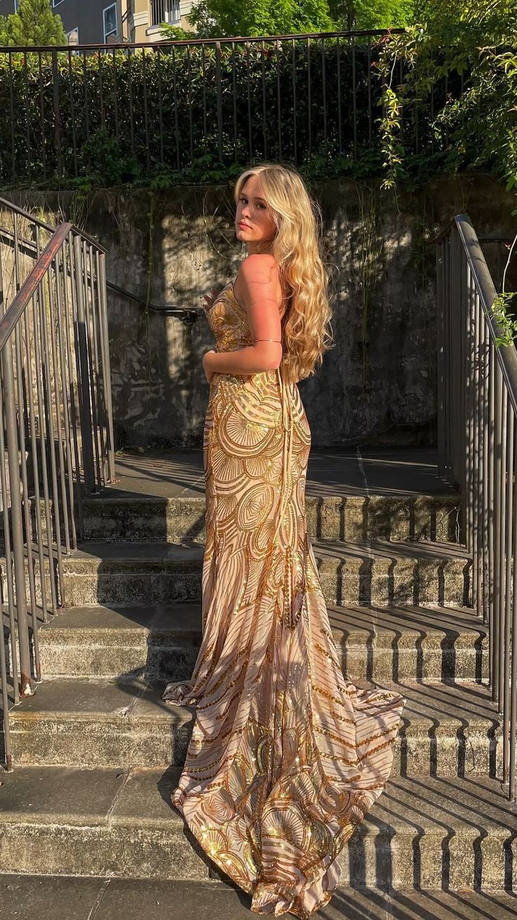 Unique Gold Mermaid Long Prom Dress Evening Dress SH1021