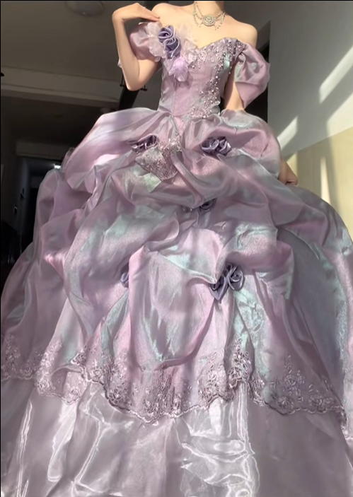 Dreamy Purple Ball Gown Off the Shoulder Rose Beaded Organza Prom Dress Party Dress SH5027