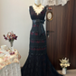 Vintage A Line V Neck Black Lace Tulle Prom Dress Evening Dress with Bow SH2988