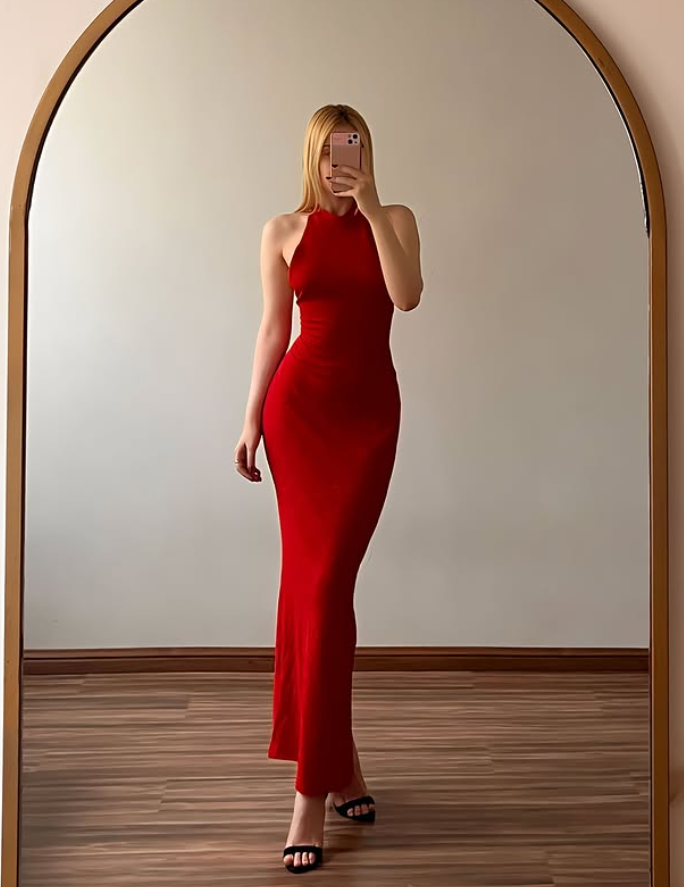 Vintage High-class Sheath Halter Red Satin Backless Prom Dress Evening Dress SH6981