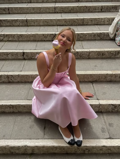 Simple Pink A Line Straps Satin Long Prom Dress Wedding Guest Dress SH4807