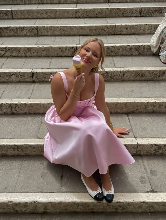 Simple Pink A Line Straps Satin Long Prom Dress Wedding Guest Dress SH4807