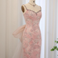 Pink Sheath Spaghetti Straps Rhinestone Sequin Tulle Prom Dress Evening Dress with Bow SH1945