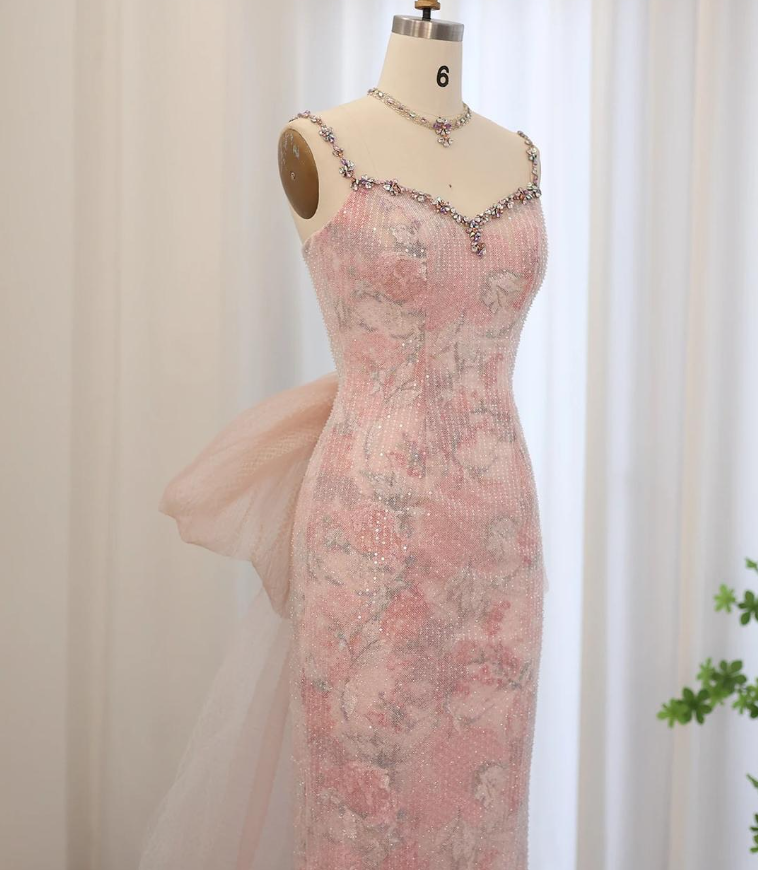 Pink Sheath Spaghetti Straps Rhinestone Sequin Tulle Prom Dress Evening Dress with Bow SH1945