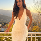 Luxurious Sheath V Neck Beaded White Satin Long Prom Dress Evening Dress SH6535