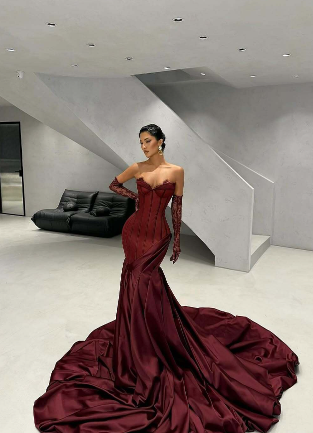 Sexy Burgundy Mermaid Strapless Lace Tulle Satin Prom Dress Wedding Guest Dress SH4700