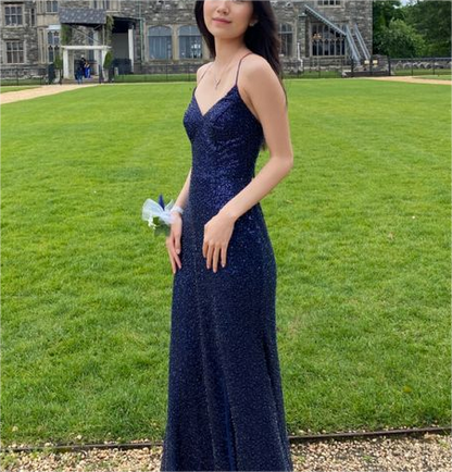Navy Blue V Neck Long Sequin Evening Dress Prom Dress SH1105