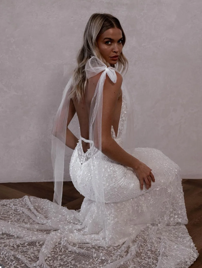 Shiny Mermaid Spaghetti Strap Sequin Lace Tulle Long Wedding Dress SH7106