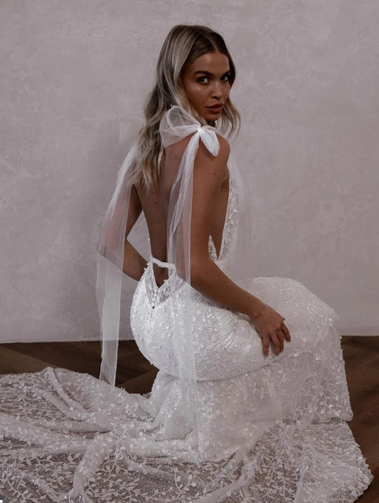 Shiny Mermaid Spaghetti Strap Sequin Lace Tulle Long Wedding Dress SH7106