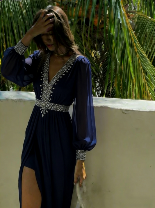 Stunning A Line Long Sleeve Beaded Chiffon Prom Dress Evening Dress with Slit SH4878