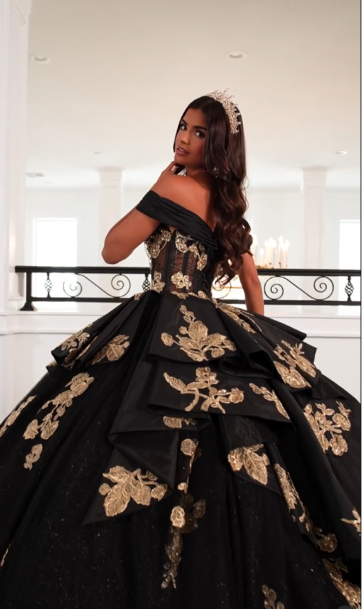 Black Ball Gown Gold Applique Beaded Tulle Long Prom Dress Quinceanera Dress SH5164