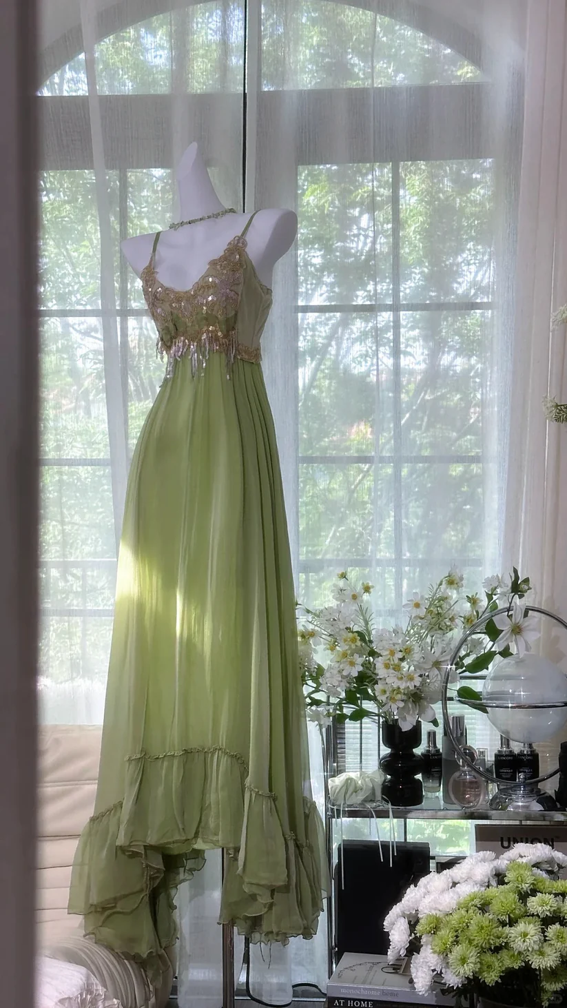 Dreamy Green Sequin Spaghetti Strap Chiffon Date Dress Evening Dress Wedding Guest Dress SH3436