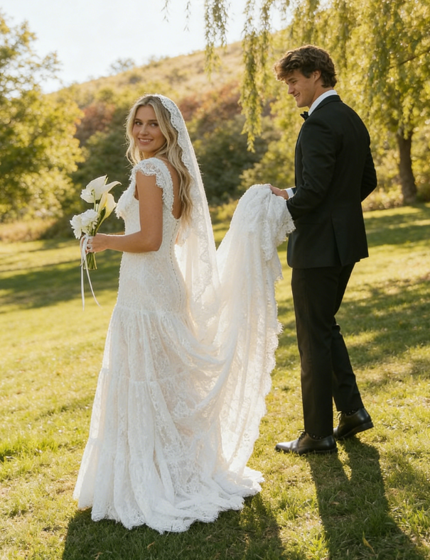 Pretty Simple A Line Straps White Lace Long Wedding Dress SH5282
