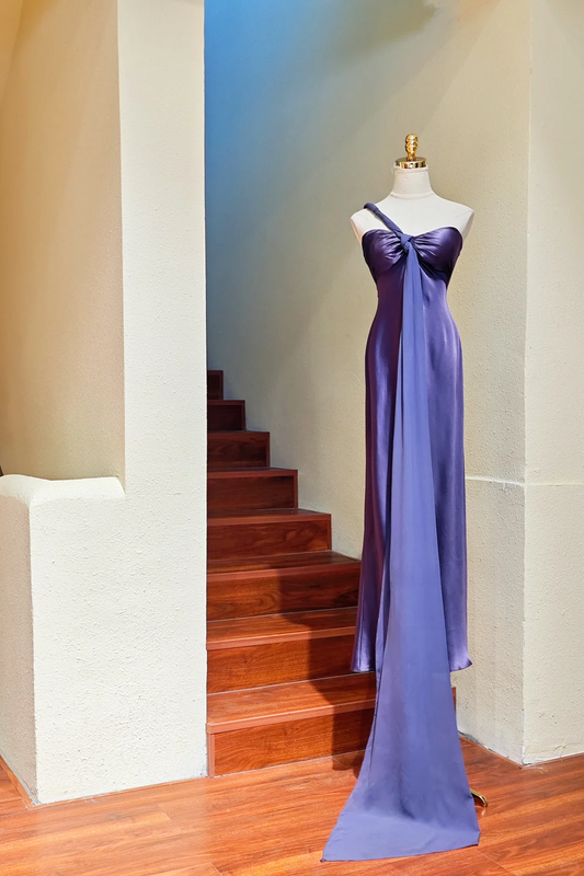 Vintage Purple Sheath One Shoulder Satin Chiffon Long Prom Dress SH5210