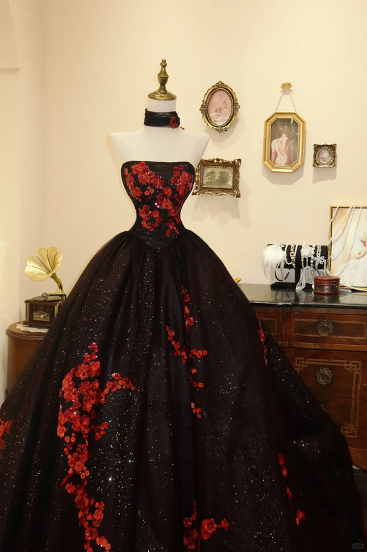 Black Sequin Appliques Ball Gown Strapless Long Prom Dress Evening Dress SH3673