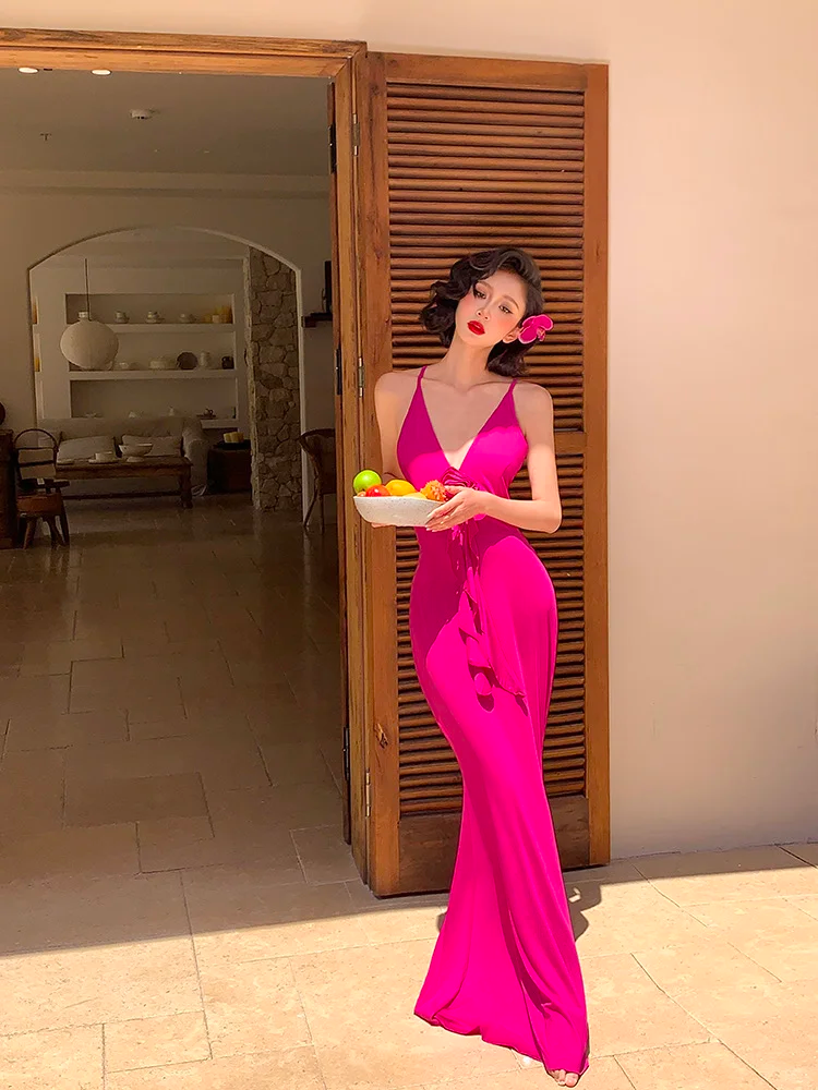 Hot Pink Sheath Spaghetti Strap Sexy Satin Long Prom Dress Evening Dress SH4334