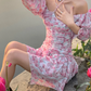 Pink Print Floral A Line Long Sleeve Chiffon Short Homecoming Dress Outfits SH5831