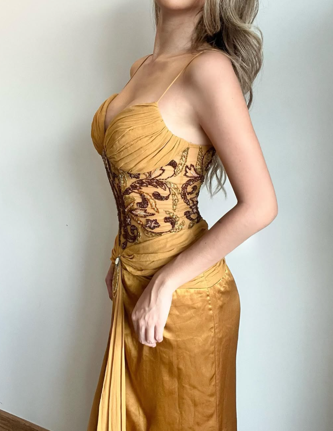 Vintage Sheath Spaghetti Straps Beaded Chiffon Satin Long Prom Dress Party Dress SH4942