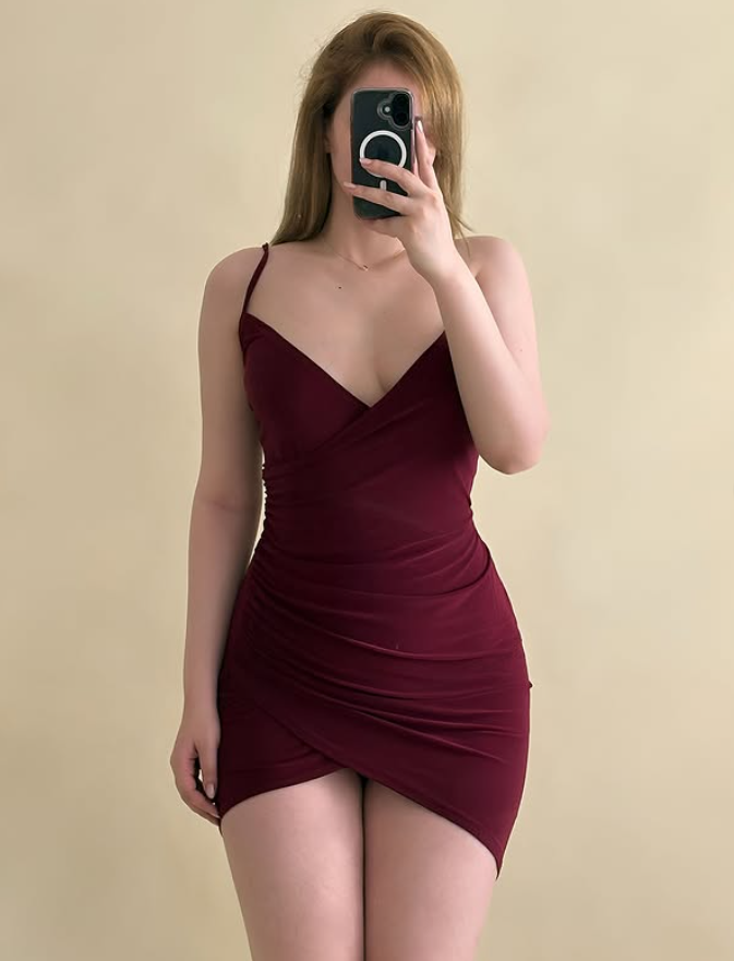 Chic Burgundy Sheath Spaghetti Strap Satin Short Prom Dress Homecoming Dress SH9075