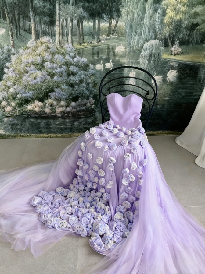 Charming Pink Strapless High Slit Flower Prom Dress SH717