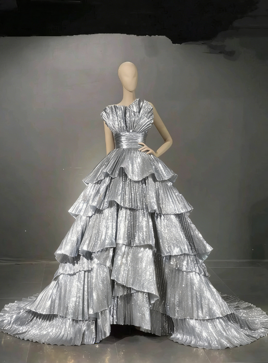 Luxurious Gold Strapless Pleated Irregular Neck Layered Prom Dress Ball Gown Quinceañera Party Dress SH1016