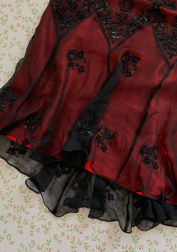 Vintage Black Chiffon Beaded Burgundy Satin Short Prom Dress Homecoming Dress SH7417