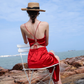 Burgundy A Line Spaghetti Strap Satin Open Back Short Homecoming Dress Vacation Dress Outfits SH3995
