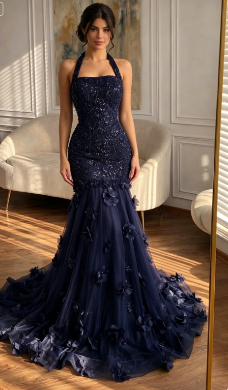 Navy Blue Mermaid Halter Beaded Floral Tulle Prom Dress Evening Dress SH5499