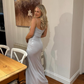 Simple Sheath Spaghetti Straps Silver Satin Long Prom Dress Evening Dress SH1996