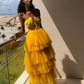 Unique Yellow Strapless  Layered Tulle Long Prom Dress  SH722