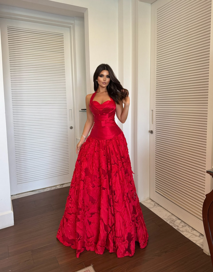 Stunning Red A Line Halter Satin Long Prom Dress Evening Dress SH8545