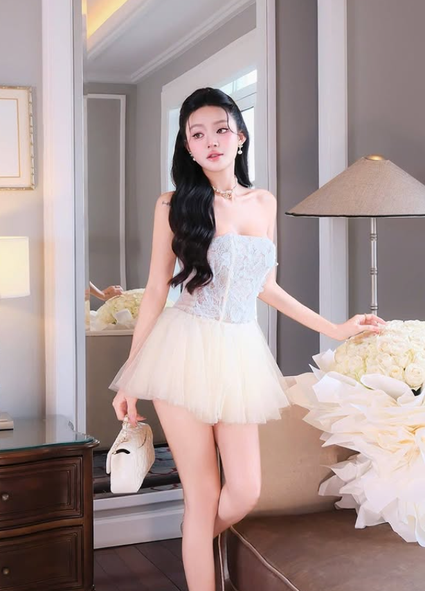 Khaki A Line Strapless Lace Tulle Short Homecoming Dress SH4786