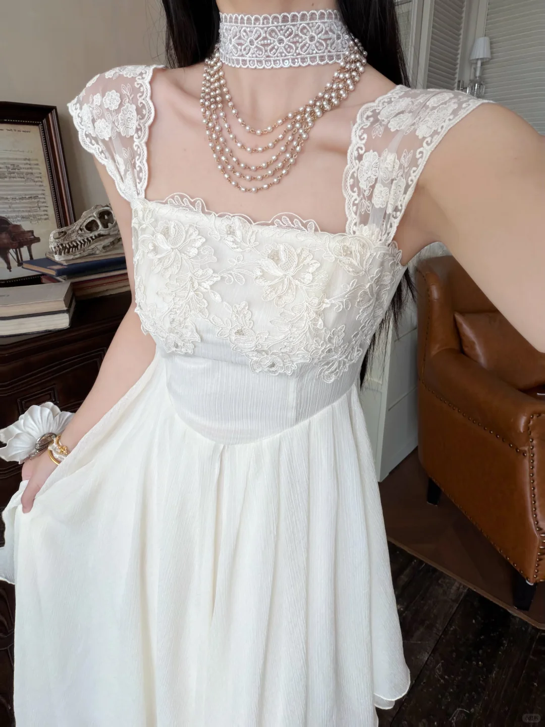 Gentle White A Line Straps Lace Chiffon Prom Dress Evening Dress SH6767