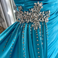 Elegant Blue A Line Straps Beaded Satin Slit Long Prom Dress Evening Dress SH6780